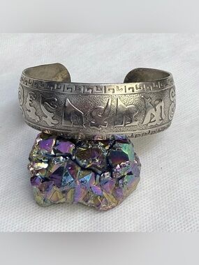Vintage Miao silver Asian prayer cuff bracelet